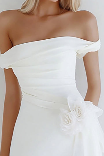 White Off the Shoulder Bodycon Graduation Dress with Flower